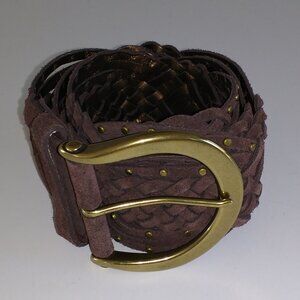 Coldwater Creek Brown Leather Braided Gold-Tone Metal Accented Wide Belt